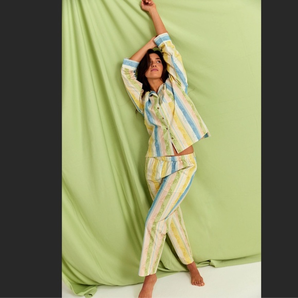 Parterre Primrose Striped Pajama Set Women's Small, Blue Yellow Preppy - Picture 1 of 14